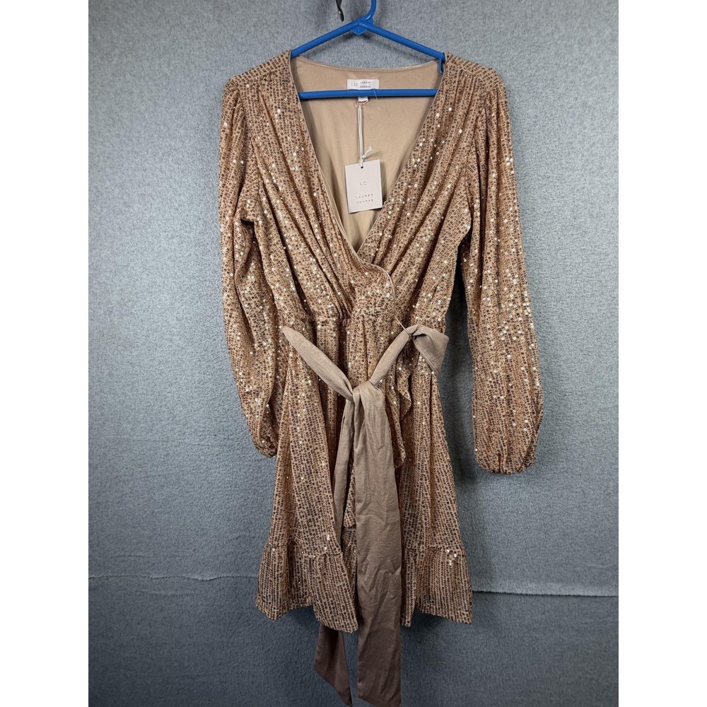 Lauren Conrad Dress Womens Medium Beige Sequin Wrap Long Sleeve Belted Party
